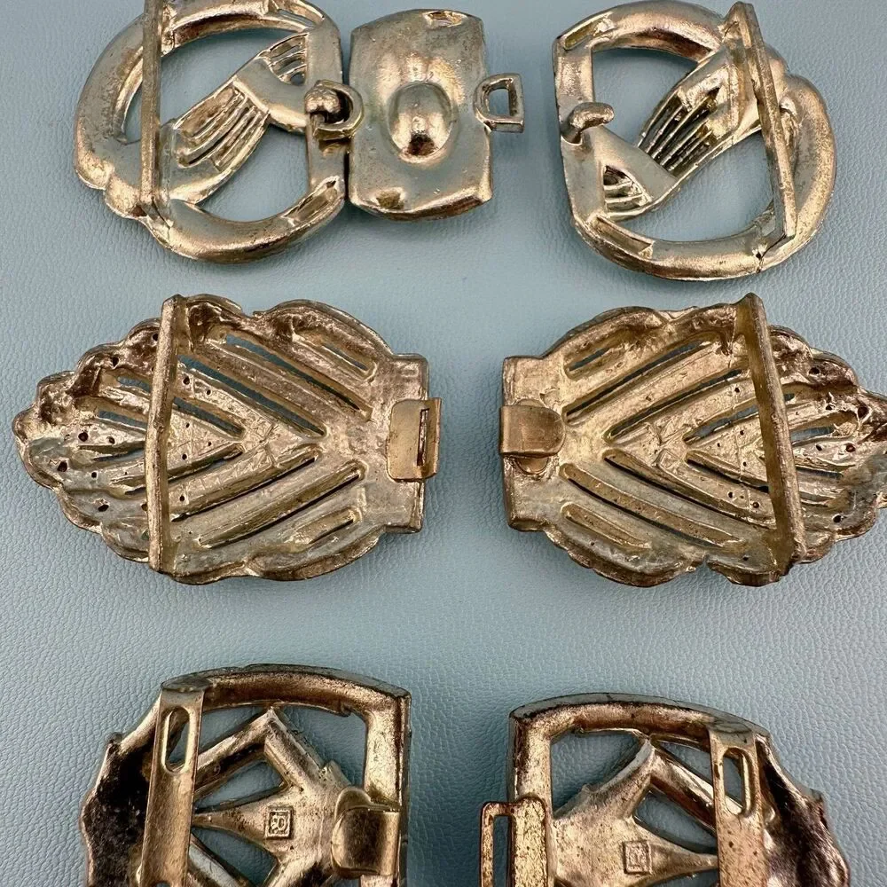 Antique Art Deco Nouveau Interlocking Belt Buckle Lot Clear Rhinestone Pot Metal